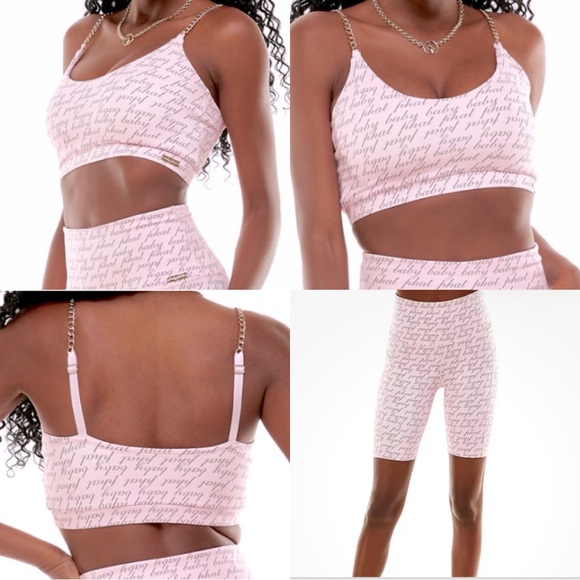 Baby Phat NWT Pink Logo Print Chain Bralette & Biker Shorts Size Small Medium - Picture 2 of 16